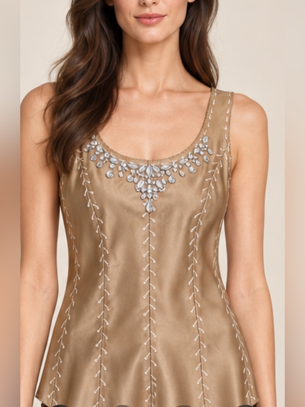 Embellished Taupe Sleeveless Scoop Neck Top